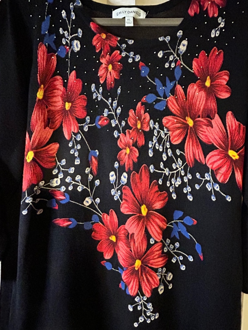 Emily Daniels XL Black Floral Rhinestone Knit Pullover Sweater 3/4 Sleeves